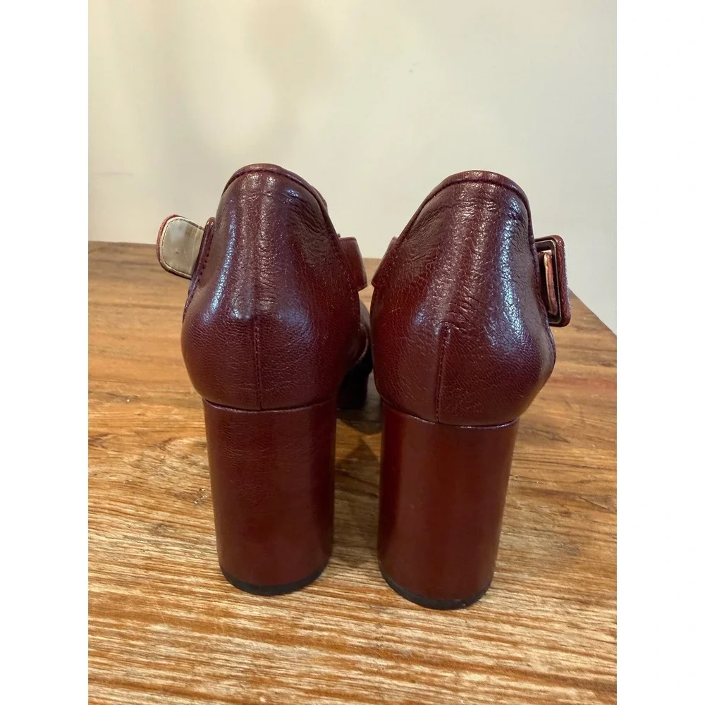 Vintage Clarks Orla Kiely Burgundy Leather Brown Hair Platform Heel Shoes 9.5